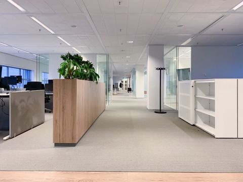 Lange kantoorgang met houten plantenbak en witte kasten