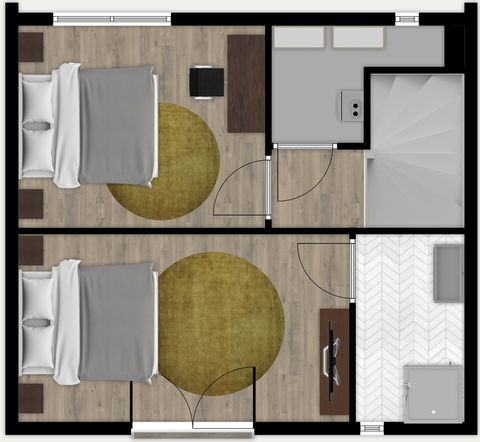 Plattegrond van de verdieping met twee slaapkamers, badkamer, wasruimte en trap, gemaakt met Floorplanner