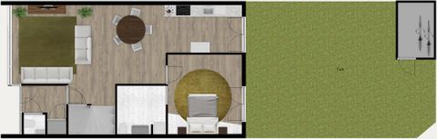 Plattegrond van de begane grond van een eengezinswoning met woonkamer, open keuken, slaapkamer, badkamer en een diepe tuin met berging, gemaakt met Floorplanner
